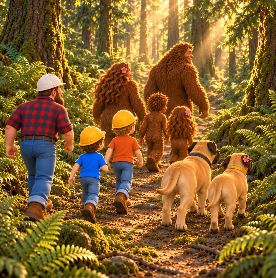 The family walking into the Sasquatch village, from Giant Footprints